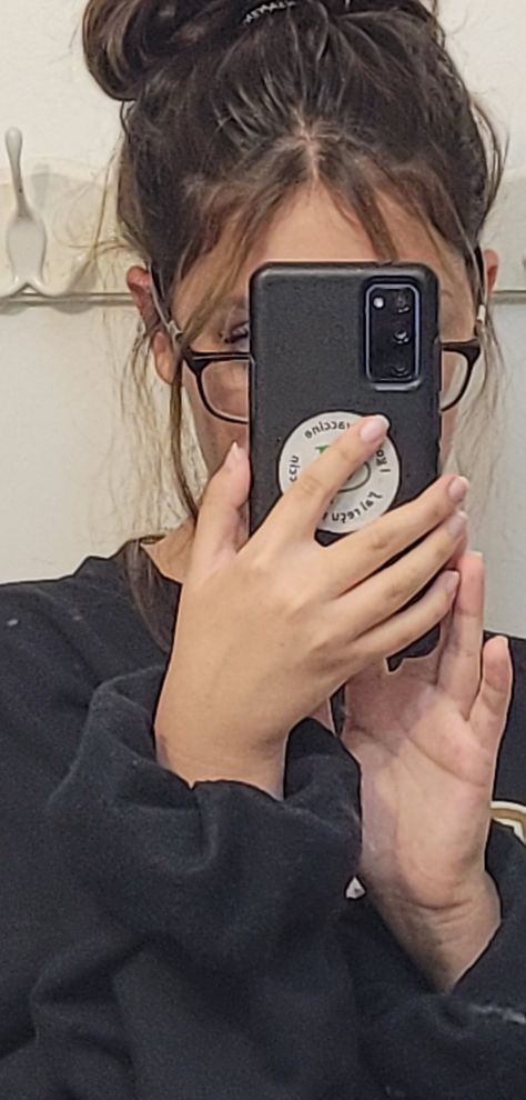 mirror picture, crew neck, glasses, messy bun Messy Bun Glasses Aesthetic, Messy Bun With Two Strands, Messy Bun And Glasses Aesthetic, Messy Bun And Glasses, Messy Bun With Glasses, Bun With Glasses, Suburb Talks, Blurry Mirror Selfie, Aesthetic Blurry Mirror Selfie