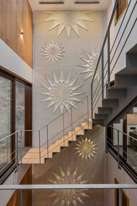 Residence that exudes a Balance of Vintage Vibes with Contemporary Design Elements | Dinterplay Architects - The Architects Diary Mandir Wall Tiles Design, Staircase Wall Designs, Duplex Wall, Designer Tiles For Wall, Steps Wall Design, Duplex Wall Design, Stair Room Design, Staircase Design Modern Stair Walls, Wall Decor Design Modern