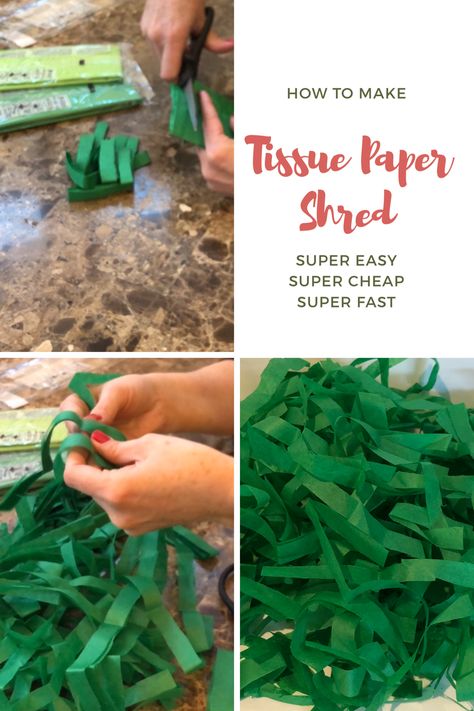 All you need to make this DIY tissue shred is a pair of scissors and tissue paper. Just cut strips from the folded tissue paper, tear apart the layers and fluff. I use it for gift wrapping, basket filler, bag filler, vase filler, gift basket filler and more! Diy Paper Shred, Gift Box Filler Ideas Diy, Tissue Paper Folding Ideas, Tissue Paper Gift Box Packaging Ideas, How To Put Tissue Paper In A Gift Basket, Package Filler Ideas, Box Filler Ideas Packaging, Tissue Paper In Gift Boxes, Gift Box Filler Ideas