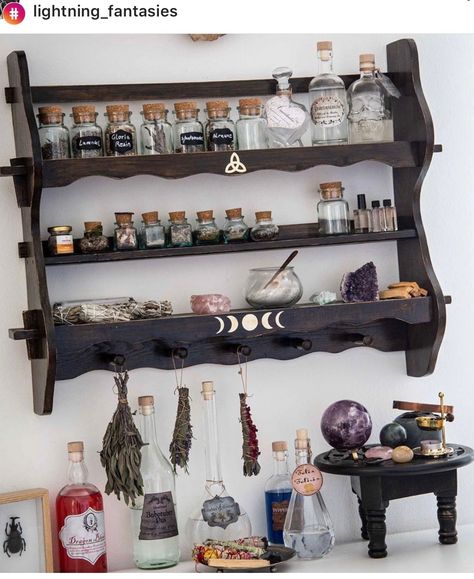 Witchy Beauty Room, Witch Altar Shelves, Diy Witchy Shelves, Witchy Bookshelf Aesthetic, Witchy Guest Bedroom, Witchy Shelf Ideas, Witchy Shelves Decor, Witchy Dresser Decor, Witch Supply Storage