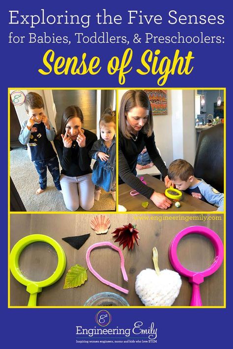 Exploring the Five Senses for Babies, Toddlers, and Preschoolers: Sense of Sight You can teach your child all about their eyes and sense of sight with these 3 fun, simple (little to no materials required), and interactive activities! Your child will have so much fun they won't even know they are learning! My kids bring their magnifying glasses with them everywhere now to investigate their surroundings.  #stemexperiment #stemactivities #kidactivites #activitiesforkids #scienceexperiments #stem Preschool Sight Sense Activities, Seeing Sense Activities Preschool, Sight Craft Preschool, 5 Senses Activities Sight, Eyes Preschool Activities, Five Senses Sight Activities Preschool, Eyes Activity For Preschool, Eye Senses Activities, My Five Senses Activities For Toddlers