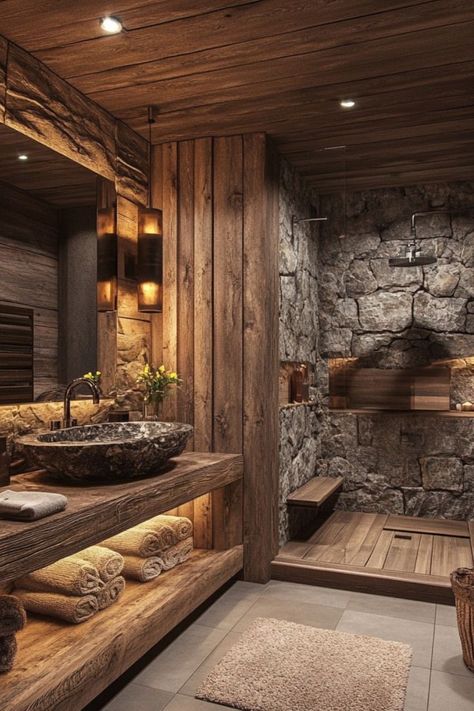 Style your bathroom with rustic chic decor for a cozy, natural look. #RusticChic #BathroomDecor #CozyInteriors Rustic Faucets Bathroom, Rustic Architecture Interior Design, Cabin Theme Bathroom, Wood And Stone Bathroom Ideas, Rustic Wet Room, Wooden House Bathroom, Cabin Style Interior, Barndo Bathroom Ideas, Moody Rustic Bathroom