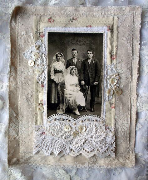 Tela, Victorian Diy, Genealogy Scrapbook, Patchwork Decor, Fabric Memory, Wedding Layout, Wedding Collage, Vintage Scrapbooking, Lace Art