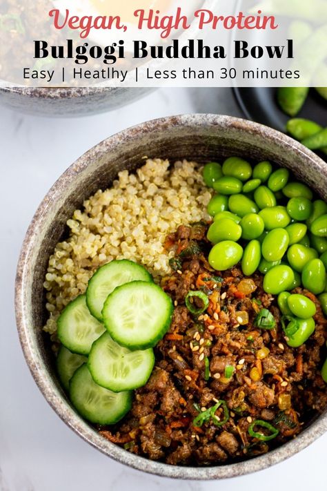 Easy and healthy vegan buddha bowl with quinoa and tasty bulgogi "beef" ground! It is vegan and vegetarian friendly. Perfect for a quick weeknight dinner. It takes less than 30 minutes to make this delicious high-protein buddha bowl! Vegan Bulgogi, Vegan High Protein, Korean Vegan, Vegan Protein Recipes, Vegan Buddha Bowl, Inflammatory Recipes, Beef Ground, Weeknight Recipes, Vegetarian Foods