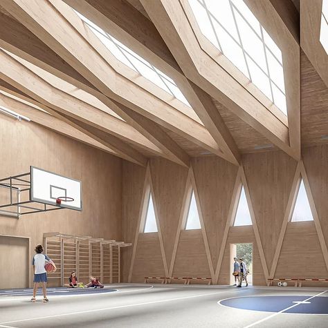 School Sports Hall in Aquilonia, Italy Basketball Court Architecture, Sports Hall Design, Sport Hall Architecture, Sports Hall Architecture, Mass Timber Architecture, School Structure, Gymnasium Architecture, Hall Construction, Italy Project