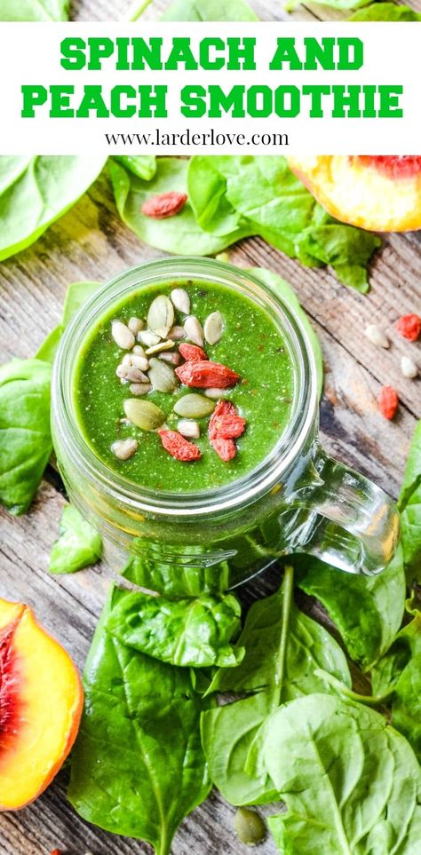 spinach and peach smoothie is packed with goodness, tastes delicious and is a great start to your day #spinachandpeachsmoothie #greensmoothies #smoothies #healthysmoothies #healthybreakfasts #larderlove Nectarine Smoothie, Spirulina Smoothie, Great Breakfast Ideas, Health Smoothie Recipes, Peach Smoothie, Easy Healthy Smoothies, Smoothies With Almond Milk, Oat Smoothie, Best Smoothie Recipes