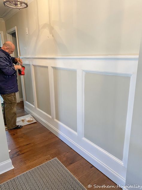 Board and Batten in the Hallway - Southern Hospitality Board And Batten Entry Hallway, Lower Wall Paneling Ideas, Molding In Hallway, Dining Room Board And Batten, Hallway Board And Batten, Board And Batten Hallway, Box Molding, Hallway Panelling, Miami House