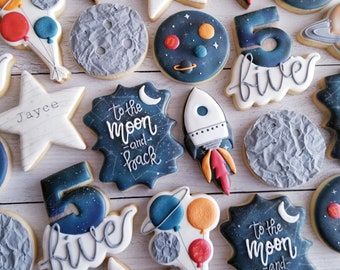 First Trip Around The Sun Cookies, Planet Birthday, Moon Cookies, Boys First Birthday Party Ideas, Astronaut Birthday, Space Theme Party, Space Birthday Party, 2nd Birthday Party Themes, First Birthday Party Themes