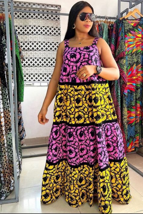 Ankara Fled Gown Style, Unique Outfit Ideas For Women, Carribean Gown Styles Ankara, Carrebian Gown Styles, Simple English Gowns For Ladies, Ankara Carribean Long Gown Styles, Ankara Kaba Styles, Flay Gown Styles Long, Campalla Gown Styles