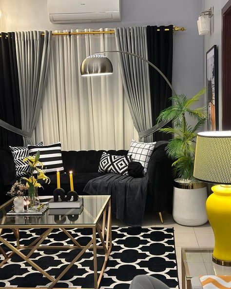 Project Home by Shiza Osama on Instagram: "MashaAllah laquwata illa billa 🫶🏻 My yellow , grey , black and white abode 🖤💛🩶🤍 . Furniture: @owaisinteriors Frames : @frames_and_wall_art_decor Curtains, throw, runner : @signaturebyfouziaarmani Cushions, rugs : @rizaries.us Plants , flowers @scenario.pk786" Black And Grey Living Room Curtain Ideas, Black Living Room Curtains Ideas, Curtains With Black Furniture, Black And White Curtains Living Room, Black Curtains Living Room Ideas, Black Curtains Living Room, Beautiful House Images, Grey And White Curtains, Grey Curtains Living Room