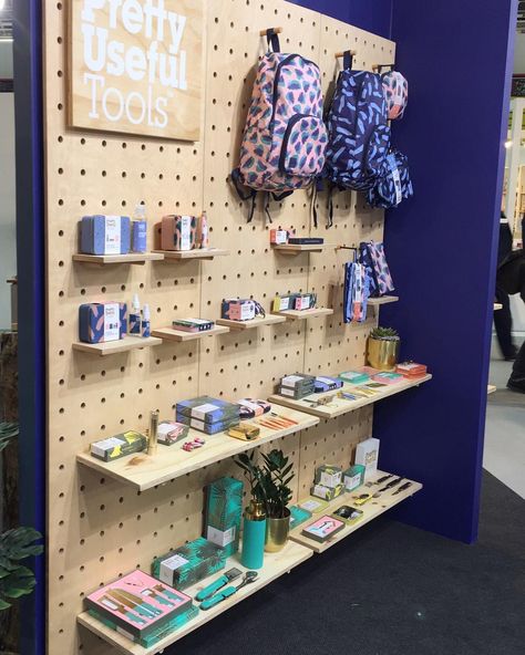 Great to see our pegboard in action at this weeks Top Drawer trade show 🤗 . . .  #plywood #birch #pegboard #custom #pegs #madeinUK #London… Peg Board Store Display, Peg Board Shelves, Peg Board Walls, Peg Wall, Stall Display, Embroidery Store, Training Facility, Craft Fair Displays, Kiosk Design