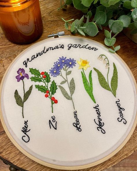 B.Storey on Instagram: “Grandma’s Garden birth month flower embroidery #handembroidery #embroidery #needlework #embroidered #handmade #grandmother #gift…” Embroidery For Grandparents, Crochet Gift Ideas For Grandparents, Embroidery Gifts For Grandma, Birth Flowers Embroidery, Embroidery Grandma Gift, Cross Stitch For Grandma, Embroidered Mothers Day Gifts, Birth Month Flower Embroidery, Mother’s Day Embroidery Ideas