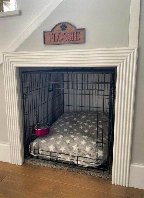 Under Steps Dog Kennel, Doggie House Under Stairs, Utility Room Ideas With Dog Bed, Dog Crate Ideas Under Stairs, Dog Kennels Under Stairs, Pet Bed Under Stairs, Dog Dens Under The Stairs, Under Stairs Ideas Dog Spaces, Dog Crates Under Stairs