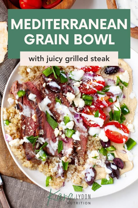 Ready in just 30 minutes, these Mediterranean quinoa bowls with grilled steak are filled with quinoa, tomatoes and bell pepper, feta, olives, and topped with slices of juicy grilled steak. And to top it all off: a creamy herb yogurt sauce. It's the perfect healthy weeknight meal for the whole family - everybody can customize and build their own steak bowl! Steak And Quinoa Recipes, Greek Steak Bowl, Steak Buddha Bowl, Steak Quinoa Bowl, Mediterranean Steak Bowl, Steak Bowls Healthy, Mediterranean Grain Bowl, Steak Quinoa, Herb Yogurt Sauce