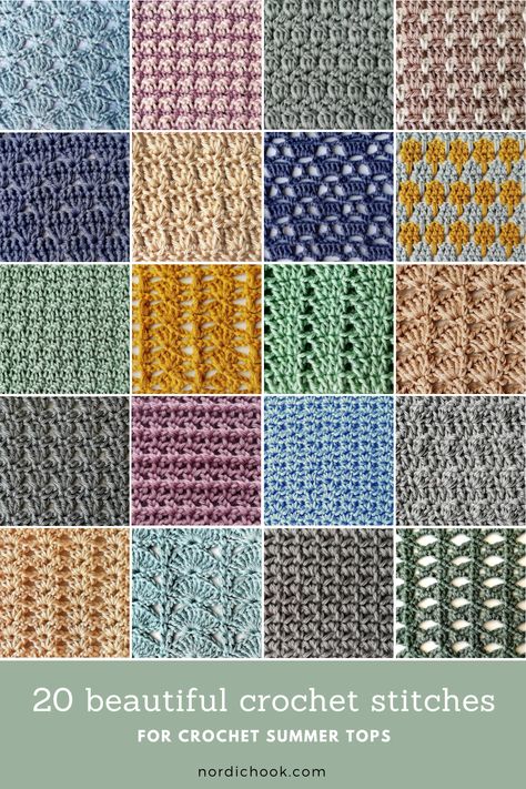 Here are 20 beautiful crochet stitches that work great for crochet summer tops. Most of these stitches are suitable for beginners. Below you will find 10 lacy crochet stitches as well as 10 more solid stitches that are not too thick and do not use much yarn. Crochet Intermediate Stitches, Cute Crochet Stitches For Tops, Pretty Stitches Crochet, Crochet Top Stitch, Most Beautiful Crochet Stitches, Summer Crochet Ideas Projects Free Pattern, Crochet Stitches Loose, Crochet Unique Patterns, Crochet Stiches Names