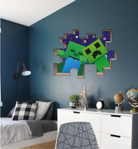 Minecraft Wall Stickers, Minecraft Room Painting Ideas, Minecraft Bedroom Wall Ideas, Boys Minecraft Bedroom Ideas, Minecraft Theme Bedroom, Kids Minecraft Bedroom, Minecraft Kids Room Ideas, Minecraft Decorations Bedroom, Minecraft Diy Bedroom