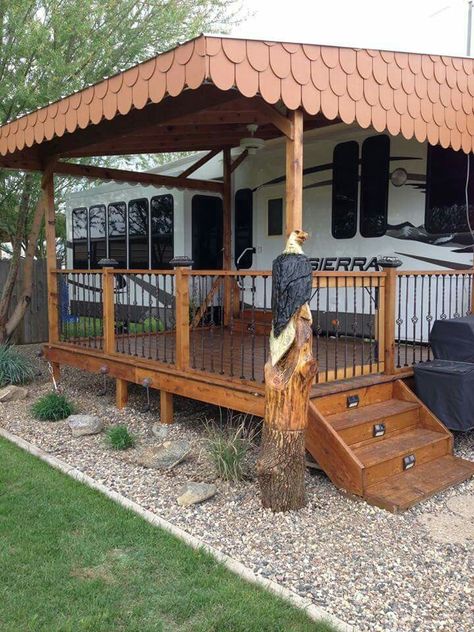 Rv Lot Ideas, Permanent Camper Deck Ideas, Rv Trailer Deck Ideas, Rv Porches And Decks Diy, Camper Deck Ideas Campsite, Camper Landscaping, Deck For Rv Travel Trailers, Camper Porch Ideas, Rv Deck Ideas