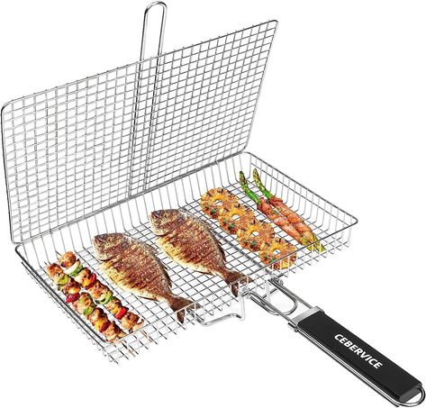 CEBERVICE Grill Basket Extra Large, SUS304 Food Safe Stainless Steel, Portable Folding BBQ Outdoor Camping Grilling Rack for Fish, Vegetables, Shrimp, Barbeque Griller Cooking Accessories, Grilling Gifts for Men, Dad, Father, Husband Fish Steak, Grilling Basket, Grill Basket, Grill Rack, Camping Grill, Stainless Steel Grill, Grilling Gifts, Grilling Tools, Cooking Accessories