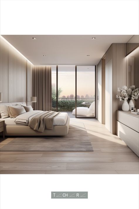 Neutral finishes palette, Natural oak cladding, Nude theme rug and curtains Masterbedroom Neutral Luxury, Neutral Tone Bedroom, Off White Bedrooms, Finish Palette, Tan Bedroom, New York Bedroom, Oak Cladding, Bedroom Design Modern, Box Hill