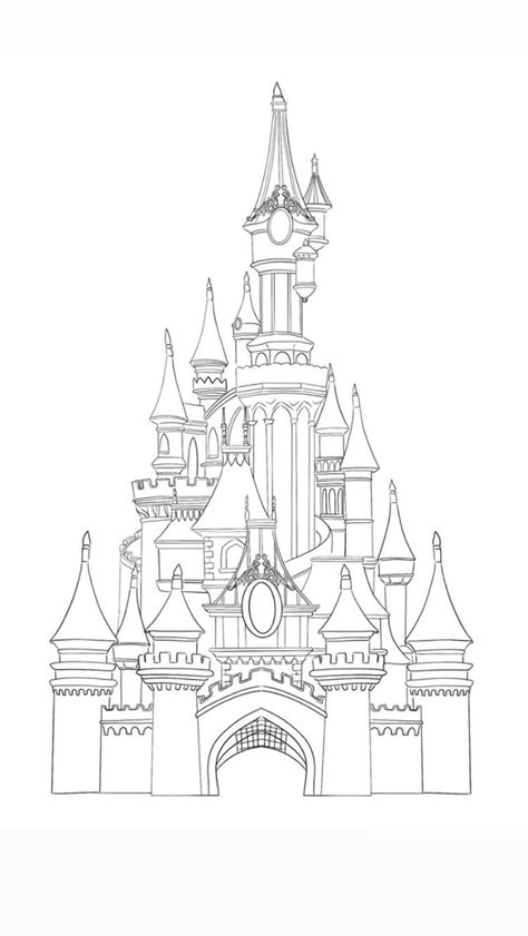 Tangled Castle Drawing, Disney Castle Coloring Page, Cinderella Castle Coloring Page, Disney World Castle Painting, Sketch Of Castle, Castle Drawing Ideas, Disney Castle Line Art, Disneyworld Castle Tattoo, Walt Disney Castle Drawing