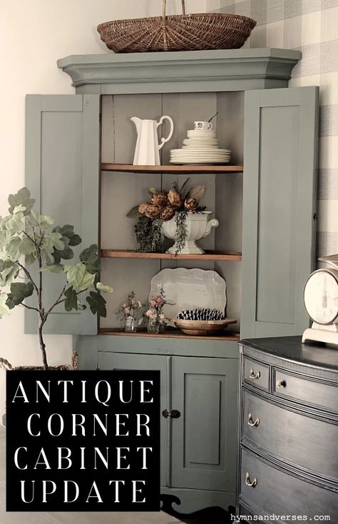 Antique Corner Cabinet Update Antique Corner Cabinet Makeover, Farmhouse Corner Cabinet Decor, Dining Room Corner Cabinet, Corner Hutch Ideas, Corner China Cabinet Display, Corner Cabinets, Redone Corner Cabinet, Corner Cabinets Dining Room, Corner Hutch Decor