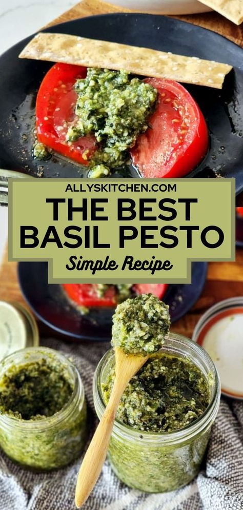 Collage of overhead shot of plate with tomato topped with basil pesto at top and overhead shot of two jars full of basil pesto at bottom. Lemon Basil Pesto, Basil Pesto Sauce, Lemon Pesto, Basil Pesto Recipes, Basil Recipes, Creamy Pesto, How To Make Pesto, Lemon Basil, Homemade Pesto