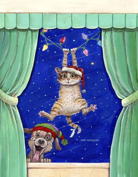 Basket Bottoms, Xmas Cat, Gary Patterson, Christmas Kitten, Cat Embroidery, Meowy Christmas, Cat Artwork, Christmas Scenes, Cat And Dog