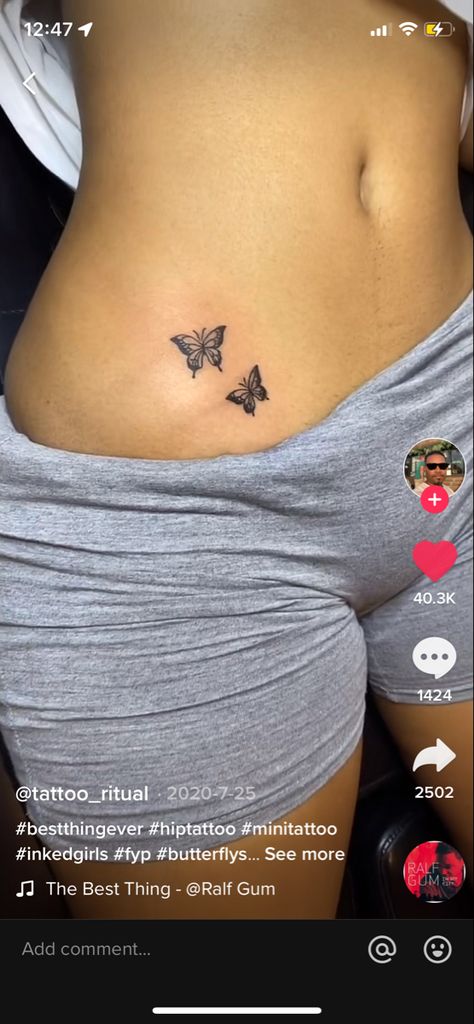 Butterflies Hip Tattoo, Tattoos Women Stomach, Lower Hip Tattoos Women, Butterflies On Stomach Tattoo, Women Lower Back Tattoos, Hip Butterfly Tattoo, Tattoo Ideas Lower Back, Butterfly Hip Tattoo, Lower Hip Tattoos