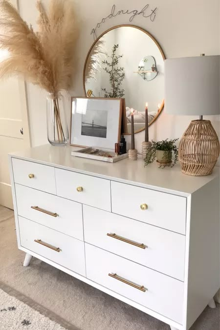 Simple Dresser Decor, White Dresser Decor, Dresser Top Decor, Bedroom Dresser Styling, Dresser Decor Bedroom, Wall Hanging Decorations, Mirror Wall Hanging, White Dresser, Bedroom Dresser