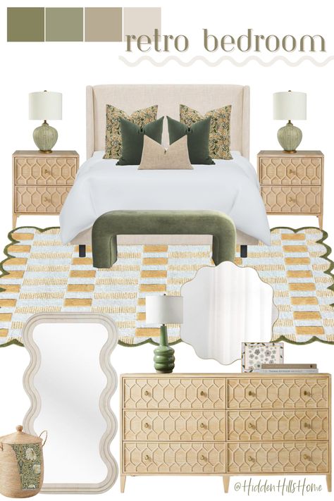 Green retro 70s inspired bedroom decor mood board! This cute and unique bedroom decor features lots of wavy and scalloped details as well as fun bright colors! This would be such a fun and cute girls bedroom Modern Retro Bedroom, Retro Style Bedroom, Retro Bedroom Ideas, Groovy Bedroom, Tilly Upholstered Bed, Timeless Bedroom, Green Bedroom Decor, Bedroom Retro, Retro Bed