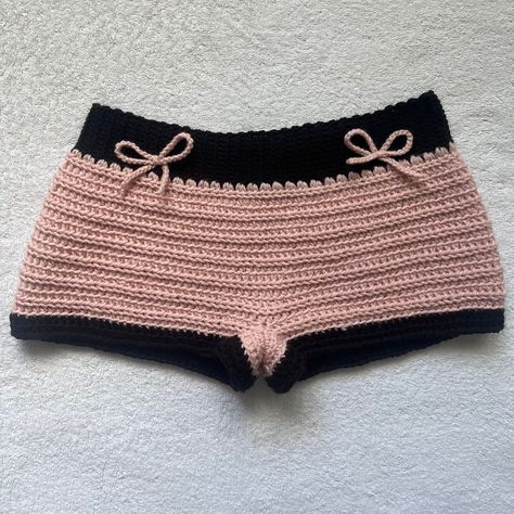 🎀Custom color requests available! 🎀 🎀Hand crocheted Pink and Black Summer Mini Shorts with 2 Pink Bows. Please note that these shorts are mini shorts, if you message me I can adjust the length to make them slightly shorter or longer. 🎀 🎀The shorts waist band is made with a soft black yarn and hugs your waist but is stretchable. The body of the shorts are made with a soft pink yarn and a stripe at the bottom of the legs made with the same soft black yarn. 🎀 🎀The shorts in the picture are a Crochet Shorts Aesthetic, How To Crochet Shorts, Crochet Mini Shorts, Crochet Micro Shorts, Crochet Pajama Set, Crochet Shorts Tutorial, Crochet Mesh Shorts, Knit Shorts Outfit, Discipline Life