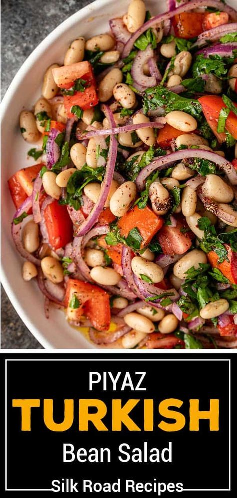 Piyaz (Turkish Navy Bean Salad) - Silk Road Recipes Turkish Salad Recipes, Navy Bean Recipes, Turkish Salad, Navy Beans, Middle East Recipes, White Bean Salad, Bean Salad Recipes, Meatless Main Dishes, Navy Bean