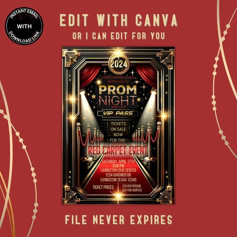 Red Carpet Theme Party Invitations, Red Carpet Invitations Template, Red Carpet Invitations, Dance Invitation, Dance Party Invitations, Pastors Appreciation, School Prom, Vip Pass, Prom Dance