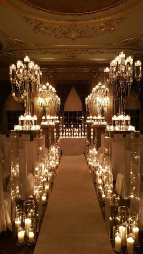 Wedding Hall Flower Decorations, Wedding Halls Decoration, Candle Wedding Reception Decoration, Candle Lit Wedding Ceremony Indoor, 2023 Wedding Venue Trends, Candle Wedding Aisle Decor, Candle Ceremony Decoration, Candles Wedding Aisle, Wedding Aisle With Candles