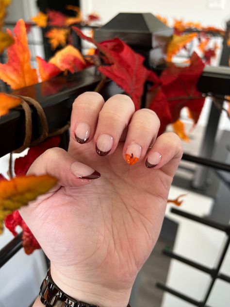 These are a fall inspired French tip. They are dark brown frenchies with a ring finger accent of a pumpkin. They are short almond shape. Short Fall Nails Pumpkin, Fall Acrylic Nails Autumn Coffin Short, Fall Nails For Short Nails Easy, French Tips Fall Colors, Fall Almond Nails Pumpkin, Simple Fall Nails Autumn French Tip, Autumn Nails Fall Simple, Simple Fall Nails Short Acrylic, Cute Thanksgiving Nails Short