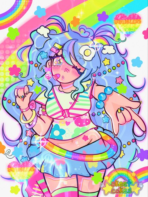 Fluffy Art Style, Candycore Art, Vibrant Art Style, Cutecore Art Style Pfp, Pastel Character Art, Rainbow Character Art, Harajuku Art Drawing, Decora Kei Art, Decora Pfps