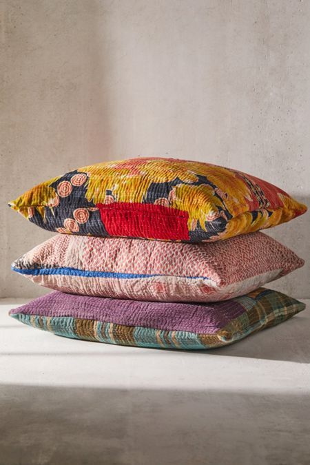 Kantha Pillow Covers, Beige Couch, Indian Pillows, Kantha Cushions, Kantha Fabric, Traditional Interior Design, Patchwork Cushion, Urban Renewal, Vintage Kantha Quilts