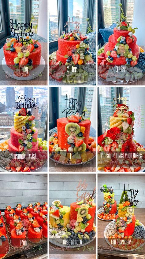 Cake Made Of Fruit, Watermelon Cake Birthday, Fruit Tower, Fruit Birthday Cake, Fruit Cake Design, Melon Cake, Fresh Fruit Cake, Fruit Platter Designs, Fruit Creations