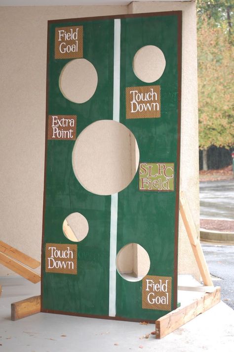 A football toss game, like this one from A Few Good Pieces, is more engaging for little ones than a normal game of toss. Description from sheknows.com. I searched for this on bing.com/images Football Party Games, Superbowl Party Games, Football Banquet, Football Theme Party, Football Birthday Party, Football Tailgate, Super Bowl Party, Football Themes, Sports Birthday