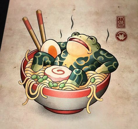 New School Frog Tattoo, Ramen Drawing, Ramen Tattoo, Japanese Frog, Inspiring Tattoos, Food Tattoos, Koi Art, Frog Tattoos, Enjoy Your Meal