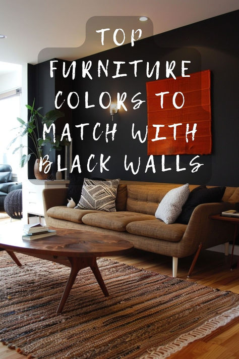 Struggling to pick furniture for black walls? Click to discover colors that make your space pop! 🖤🛋️ #HomeDecor #BlackWalls #FurnitureColors #InteriorDesign #RoomMakeover Black Accent Wall Small Living Room, Black Wall Color Ideas, Black Painted Walls Living Room, Black Wall In Living Room, Living Room With Black Accent Wall, Living Room With Black Wall, Living Room Black Accent Wall, Black Living Room Walls, Dark Accent Wall Living Room