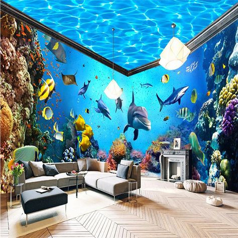 Living Room Wall Wallpaper, Wall Mural Art, Wallpaper Walls Bedroom, Ocean Themed Bedroom, 3d Wallpaper Living Room, Living Room Murals, 3d Wallpaper For Walls, Ceiling Murals, Living Room Themes