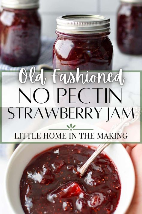 If you're looking for a strawberry jam recipe for canning, you have to try this easy recipe for strawberry jam without pectin. This strawberry jam recipe is perfect for canning, but includes freezer jam instructions too. All you need is just 2 ingredients and you'll be canning strawberries in no time! This no pectin recipe is just like Grandma used to make and is perfect for beginners! If you're looking for canning recipes, you HAVE to start with strawberry jam. It's a classic! Strawberry Jam Recipe Canning, Strawberry Jam With Pectin, Recipe For Strawberry Jam, Canning Strawberries, Strawberry Jam No Pectin, Strawberry Jam Recipe Without Pectin, Strawberry Jam Without Pectin, Homemade Pumpkin Muffins, Jam Without Pectin