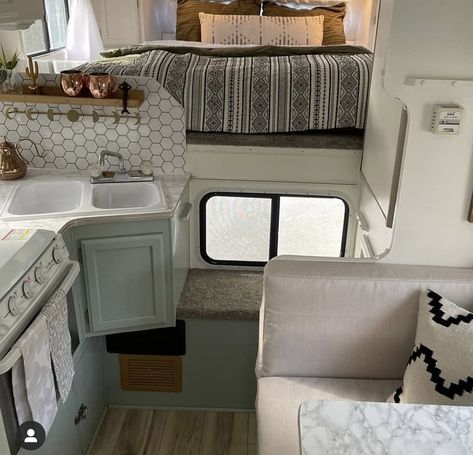 Slide In Truck Camper Remodel Interiors, Truck Bed Camper Remodel, Wheel Aesthetic, Camper Updates, Small Camper Interior, Renovated Rv, Lance Campers, Slide In Truck Campers, Rv Inspiration