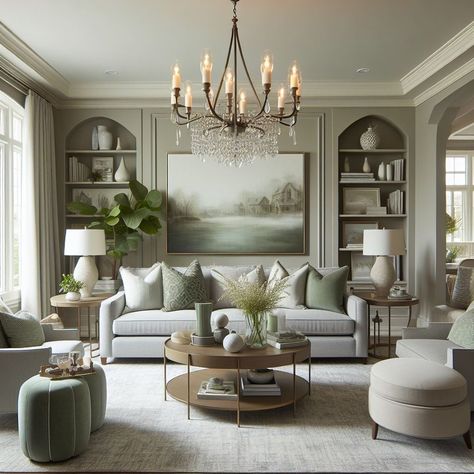 15 Stunning Grey and Sage Green Living Room Ideas — Lord Decor Sage Living Room Accents, Olive Green Beige Living Room, Living Room Cabinet Color Ideas, Light Grey And Green Living Room, Green Grey Cream Colour Palettes, Living Room Designs Sage Green, How To Style A Grey Couch, Sage Green Living Rooms, Green Panelling Living Rooms