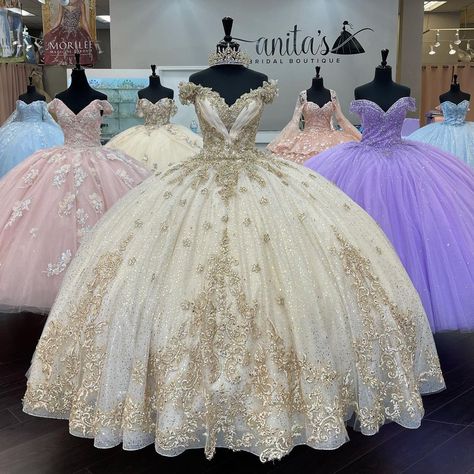 Anita’s Bridal on Instagram: “@morileequince FALL 2021 collection is available @anitasbridal ✨ 1038 Santee St LA CA 90015” Gold Sweet 16 Dresses, White Quince Dress, Gold Quince Dress, Ball Gown Gold, Champagne Quinceanera Dresses, White Quinceanera Dresses, Quinceanera Dresses Gold, Mexican Quinceanera Dresses, Quinceanera Themes Dresses