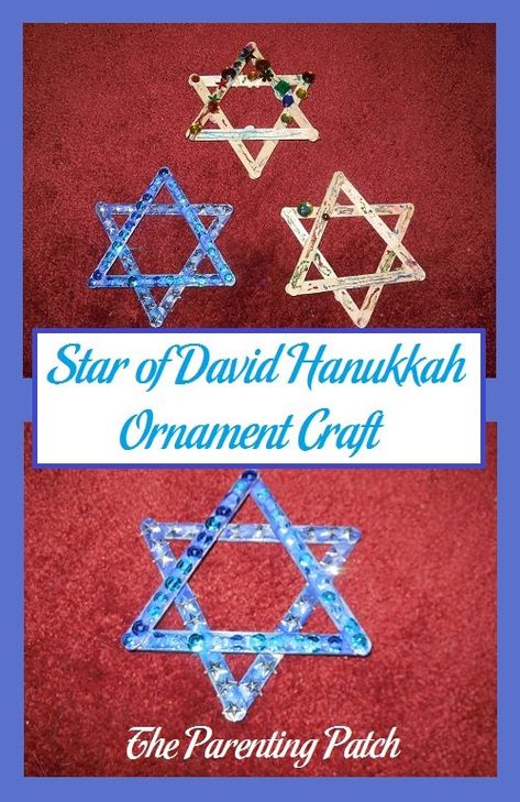 How to make a Star of David ornament for Hanukkah using crafts sticks, hot glue, and decorating materials. via @ParentingPatch Star Of David Craft, Hanukkah Ornaments, January Ideas, Diy Hanukkah, Hanukkah Art, December Ideas, Class Crafts, The Star Of David, Jewish Crafts