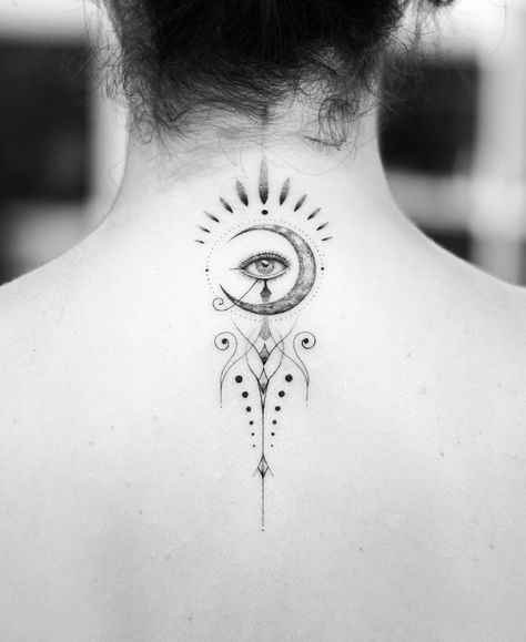 Eye Moon Tattoo, Geometric Eye Tattoo, Universe Abundance, 3rd Eye Tattoo, Third Eye Tattoos, Fineline Tattoos, Bali Tattoo, All Seeing Eye Tattoo, See Tattoo