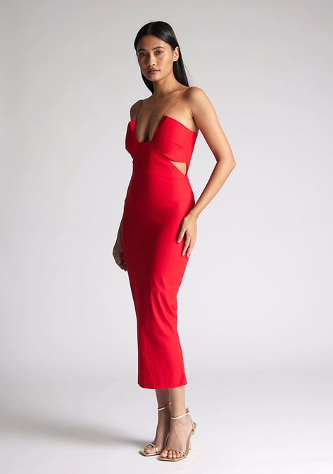 The Vesper Ettie Red Midaxi Dress is a stunning piece perfect for any formal event. With its flattering and unique U-wire design in the front, it's sure to turn heads. The side cut-outs add a touch of sultry elegance. Style with sleek heels and statement earrings for a complete look.This product is valid for a refund onto Gift Card Only Red Dress With Gold Heels, Wire Design, Elegance Style, Midaxi Dress, Asymmetric Neckline, Side Cuts, Gold Heels, Strappy Heels, Cut Outs