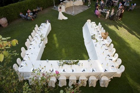 U shaped table setting for wedding. Everyone can see the bride and groom, and each other. U Shaped Party Seating, U Table Set Up Wedding, U Table Wedding Receptions, Wedding Table U Shape, Wedding U Shaped Table, U Shape Seating Wedding, 30 Person Wedding Table, U Shape Table Set Up, U Shaped Table Set Up Wedding